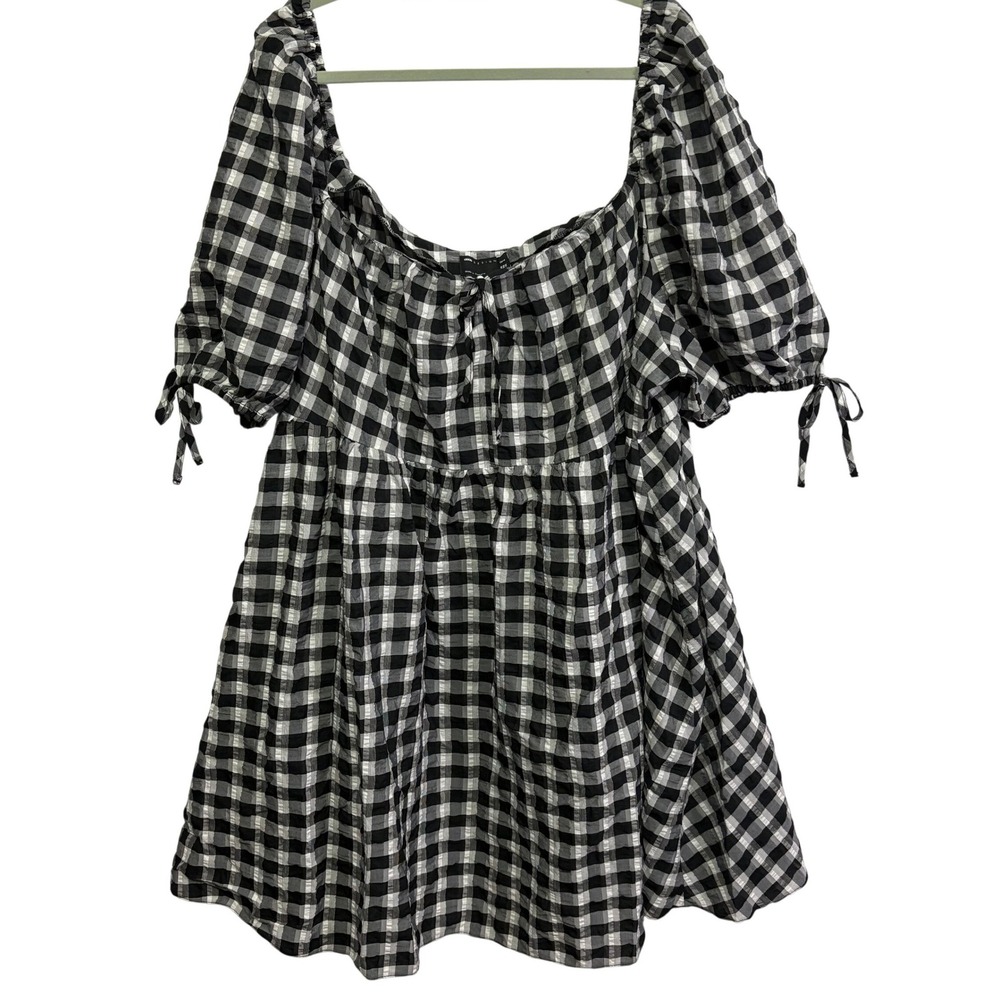 ASOS DESIGN Curve Gingham Smock Dress Black White Tie Front Plus Sz 26 Milkmaid